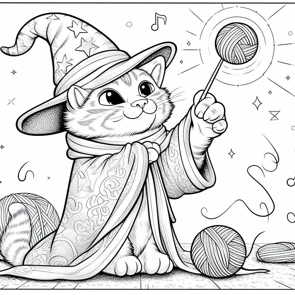 free printable cat coloring pages wearing a wizard's hat and robe