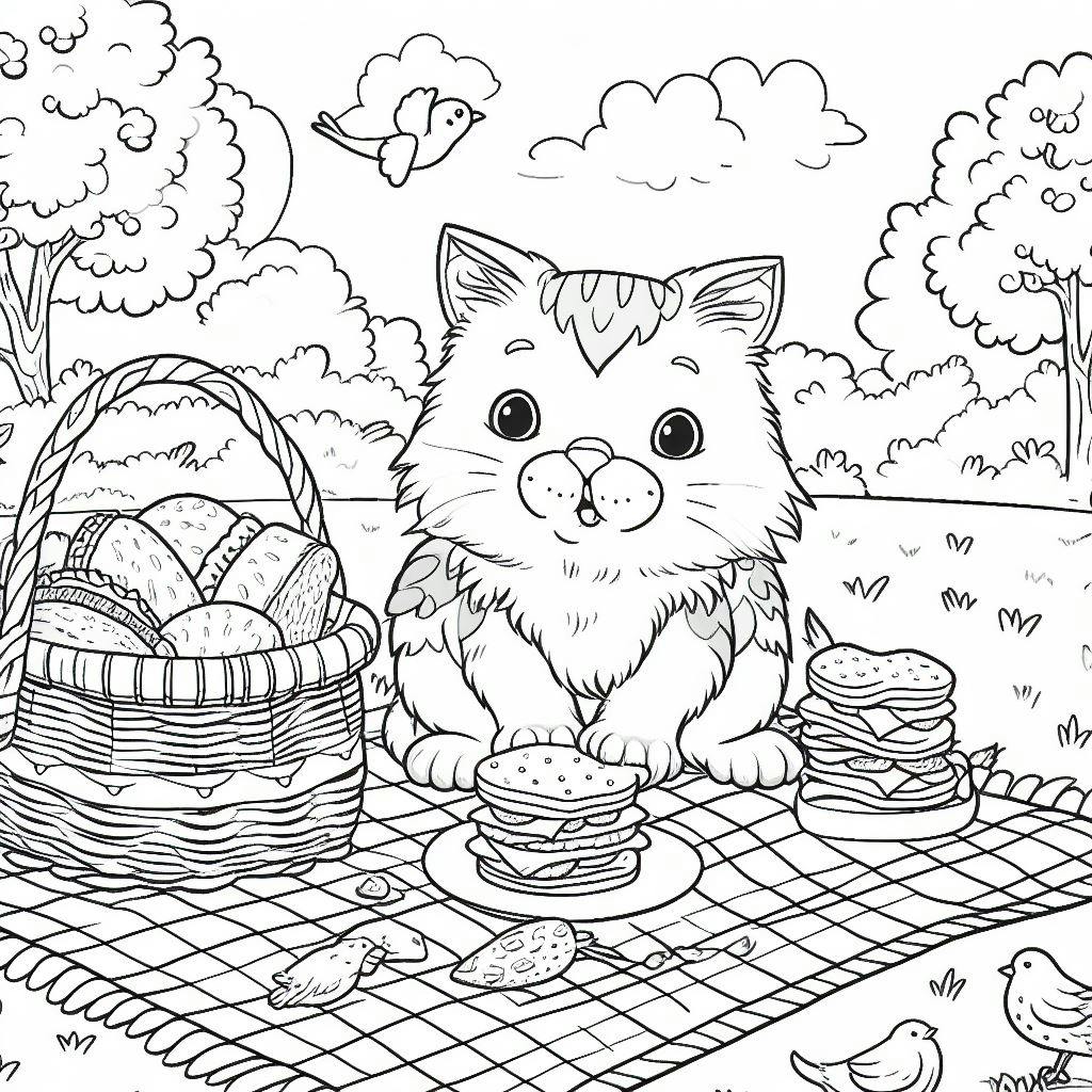 Picnic-themed cat coloring pages
