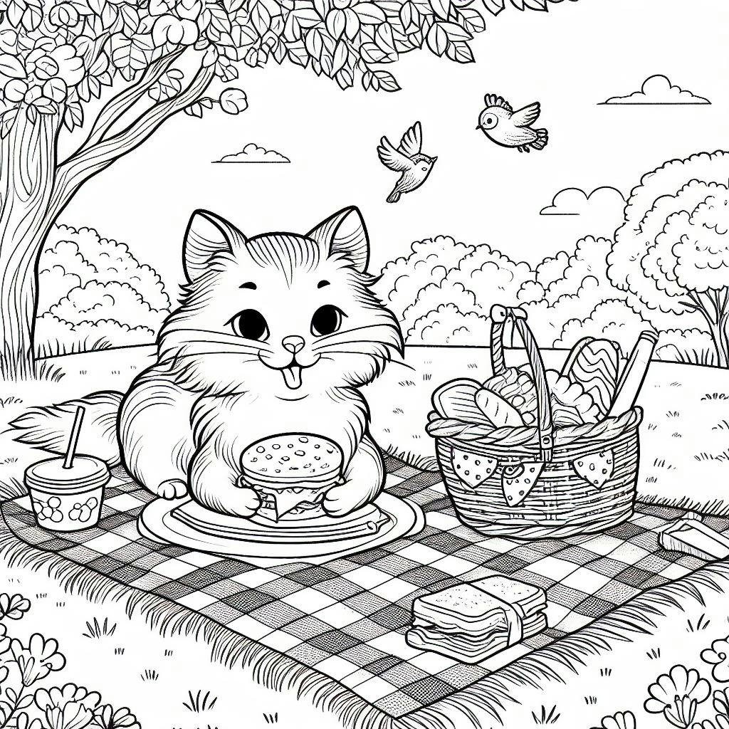 Picnic-themed cat coloring pages