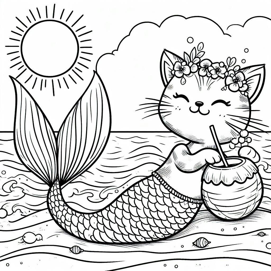 mermaid cat coloring pages