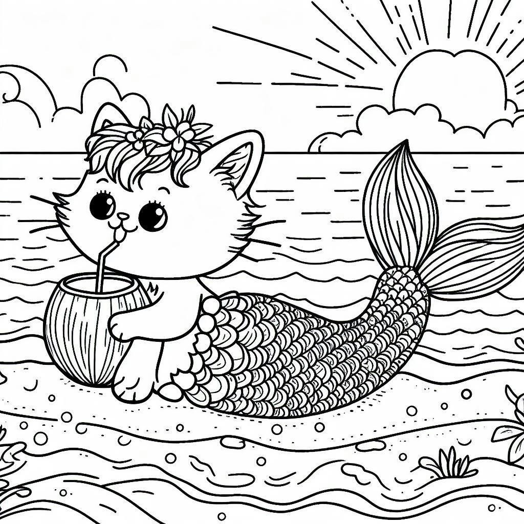 mermaid cat coloring pages