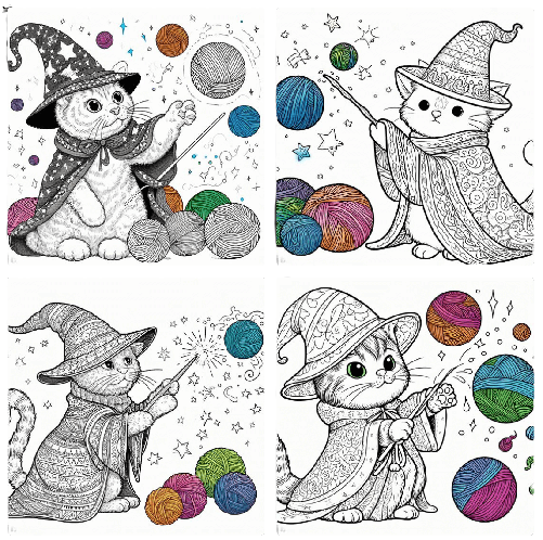 cat coloring pages wearing a wizard's hat and robe